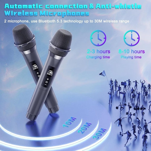 Karaoke Machine with 2 Wireless Microphones, 60W Portable Bluetooth 5.3 PA Speaker with LED Lights, USB, AUX, TF, Type-C and TWS