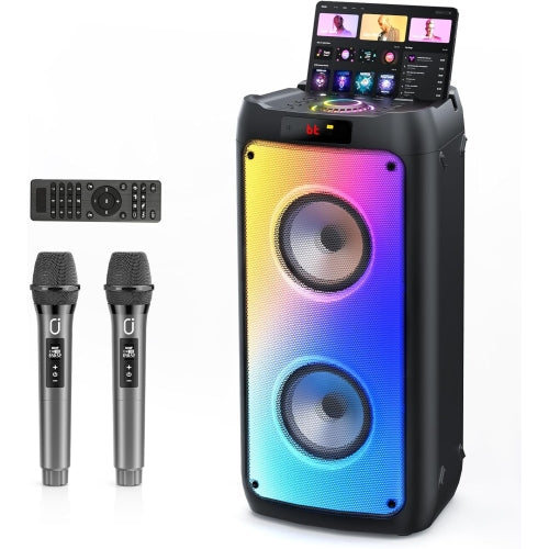 Karaoke Machine with 2 Wireless Microphones, 60W Portable Bluetooth 5.3 PA Speaker with LED Lights, USB, AUX, TF, Type-C and TWS